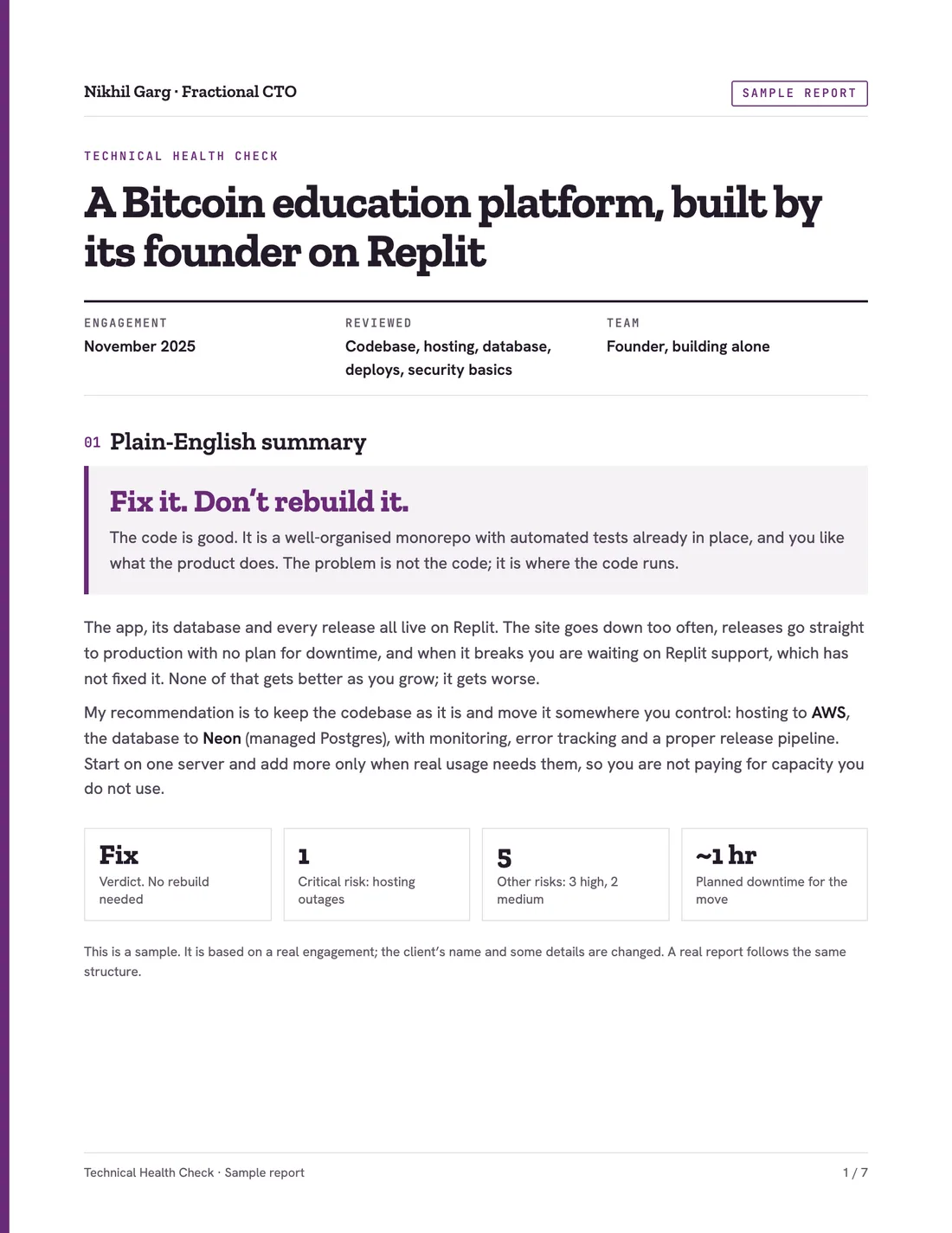 Page 1 of the sample report: a plain-English summary that recommends fixing the product rather than rebuilding it, with one critical and five other risks.